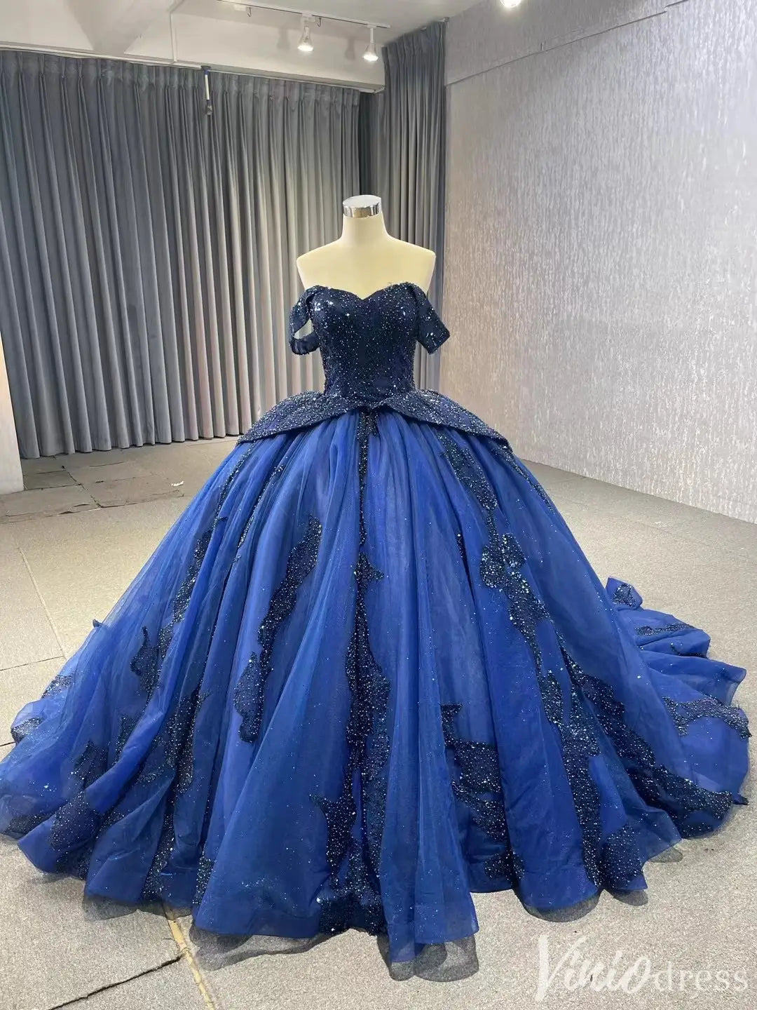 Navy Blue Glitter Ball Gown Off Shoulder Quinceañera Dress with Corset Back 231116-Quinceanera Dresses 2025 -Viniodress-Navy-Custom Size-
