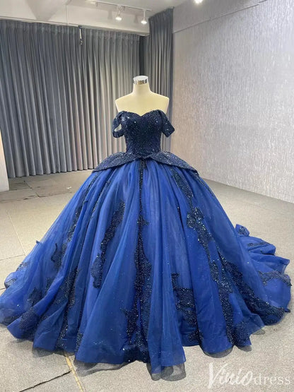 Navy Blue Glitter Ball Gown Off Shoulder Quinceañera Dress with Corset Back 231116-Quinceanera Dresses 2025 -Viniodress-Navy-Custom Size-