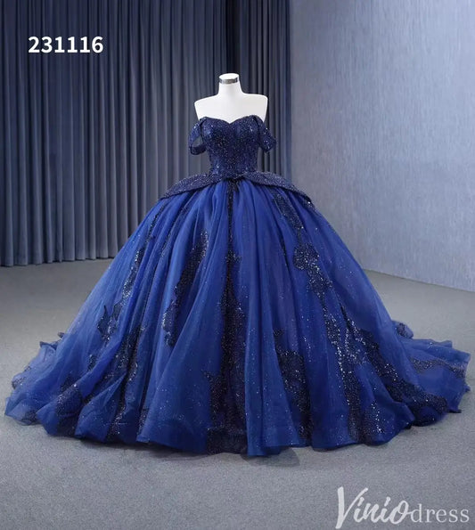 Navy Blue Glitter Ball Gown Off Shoulder Quinceañera Dress with Corset Back 231116-Quinceanera Dresses 2025 -Viniodress-Navy-Custom Size-