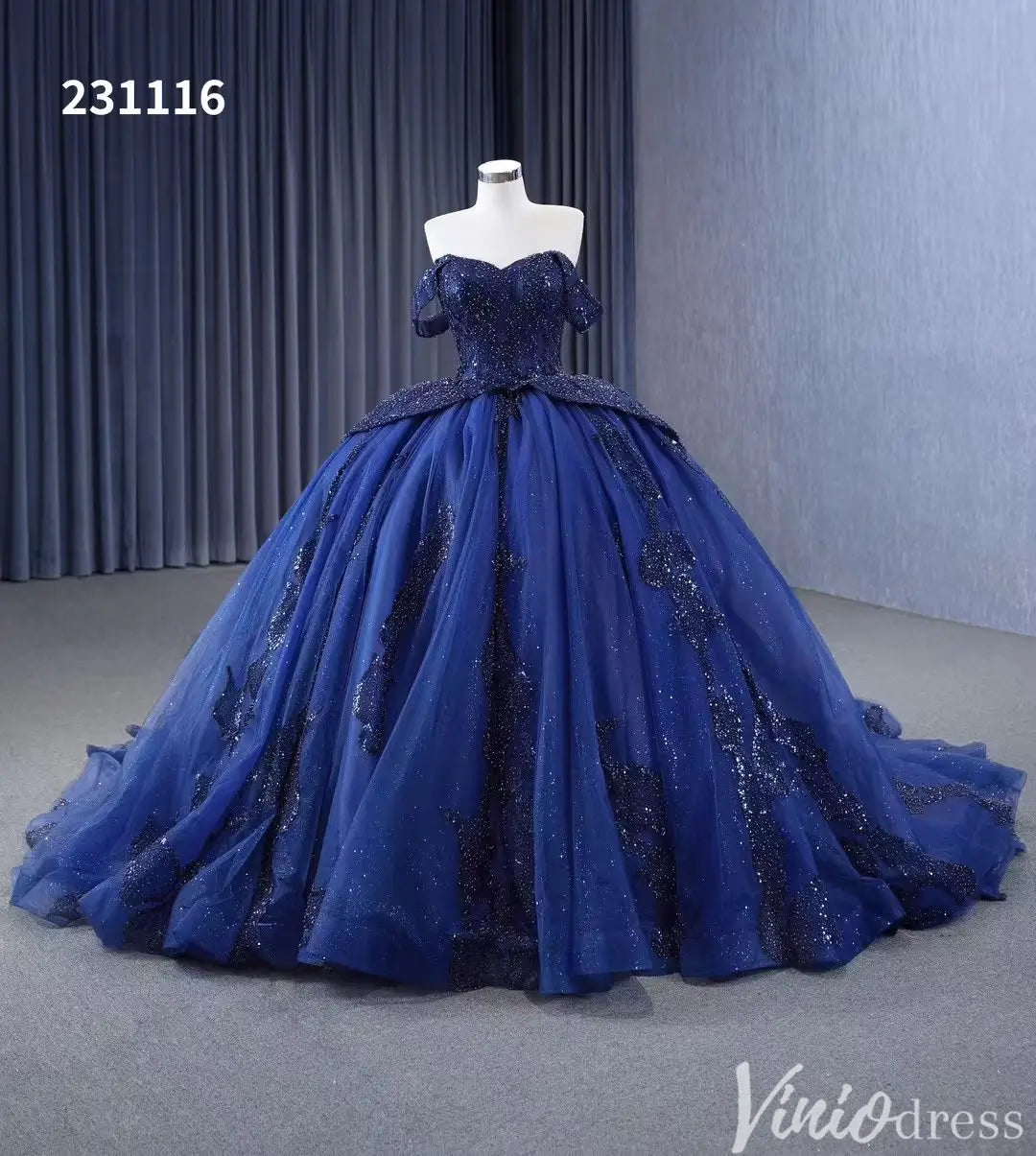 Navy Blue Glitter Ball Gown Off Shoulder Quinceañera Dress with Corset Back 231116-Quinceanera Dresses 2025 -Viniodress-Navy-Custom Size-