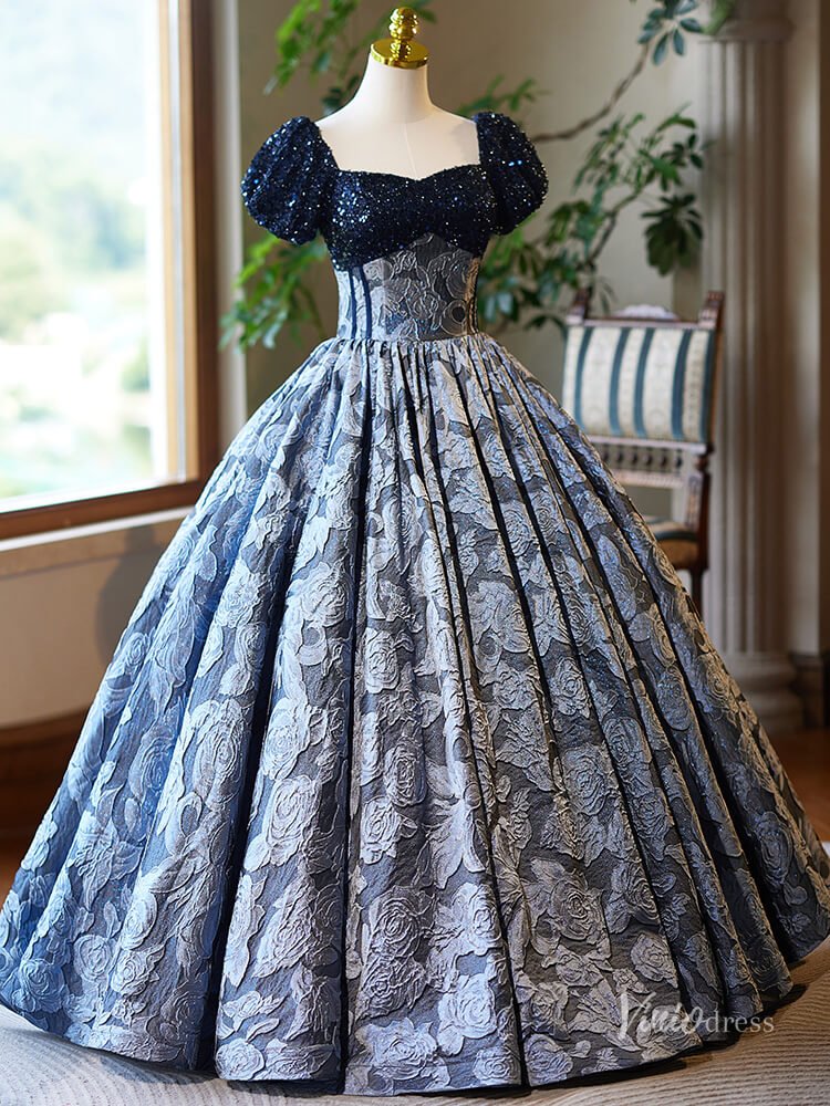 Navy Blue Jacquard Prom Ball Gown Sequin Puffed Sleeve Quinceanera Dresses BG022-prom dresses 2025 -Viniodress-Navy-Custom Size-