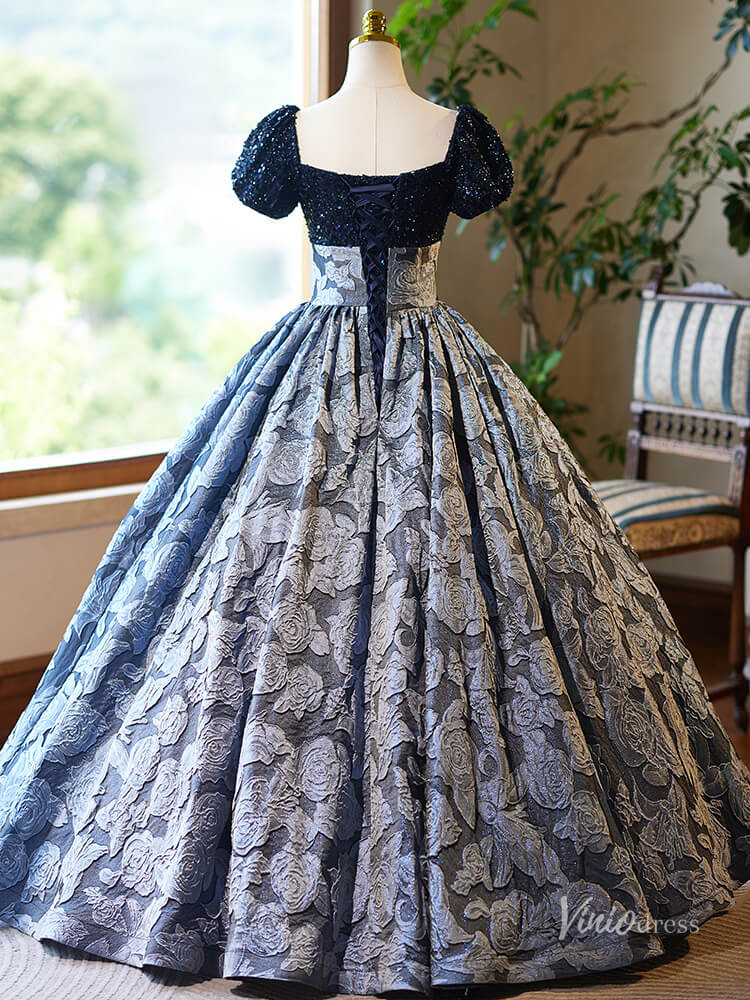 Navy Blue Jacquard Prom Ball Gown Sequin Puffed Sleeve Quinceanera Dresses BG022-prom dresses 2025 -Viniodress-Navy-Custom Size-