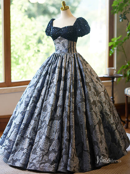 Navy Blue Jacquard Prom Ball Gown Sequin Puffed Sleeve Quinceanera Dresses BG022-prom dresses 2025 -Viniodress-Navy-Custom Size-