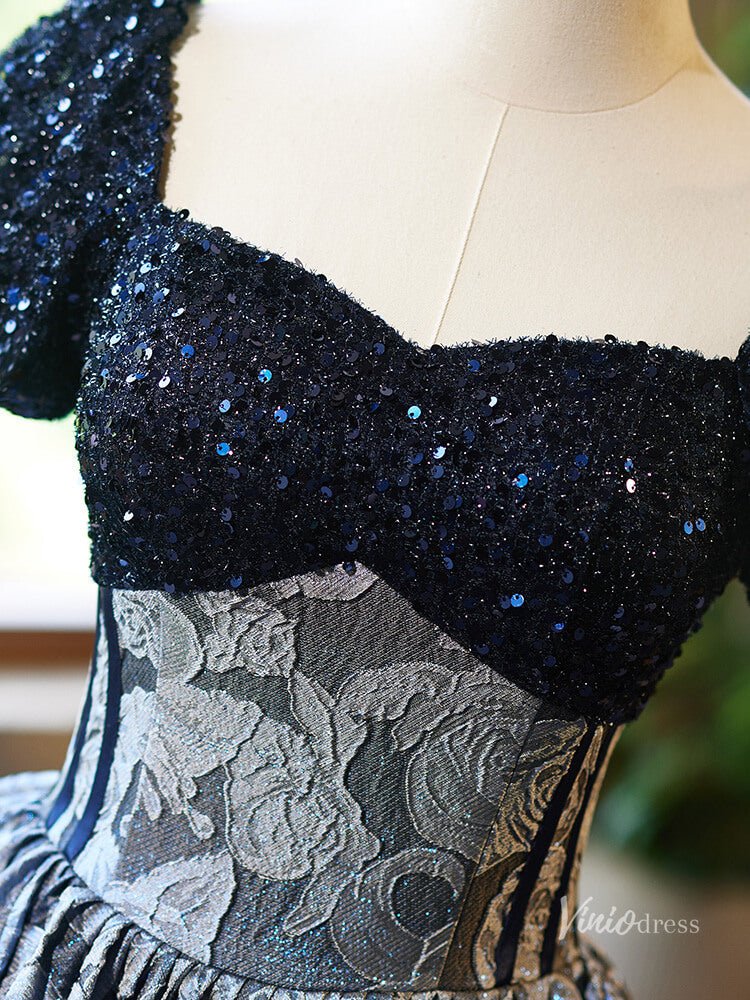 Navy Blue Jacquard Prom Ball Gown Sequin Puffed Sleeve Quinceanera Dresses BG022-prom dresses 2025 -Viniodress-Navy-Custom Size-