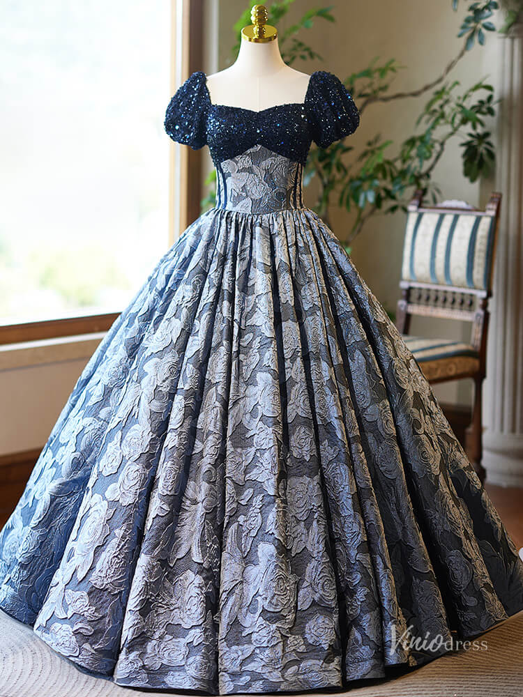 Navy Blue Jacquard Prom Ball Gown Sequin Puffed Sleeve Quinceanera Dresses BG022-prom dresses 2025 -Viniodress-Navy-Custom Size-
