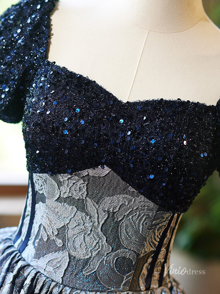 Prom Dress 2025 Dark Blue Jacquard Prom Ball Gown Sequin Puffed Sleeve Quinceanera Dresses BG022-unique prom dresses-Dark Blue-Custom Size-Viniodress