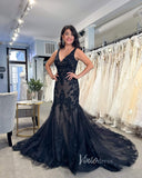 Navy Blue Lace Applique Prom Dresses Mermaid V-Neck Wedding Gown FD3620