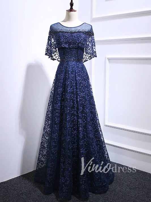 Navy Blue Lace Mother of the Bride Dresses with Sleeves FD1520-formal dresses 2025 -Viniodress-Navy Blue-Custom Size-