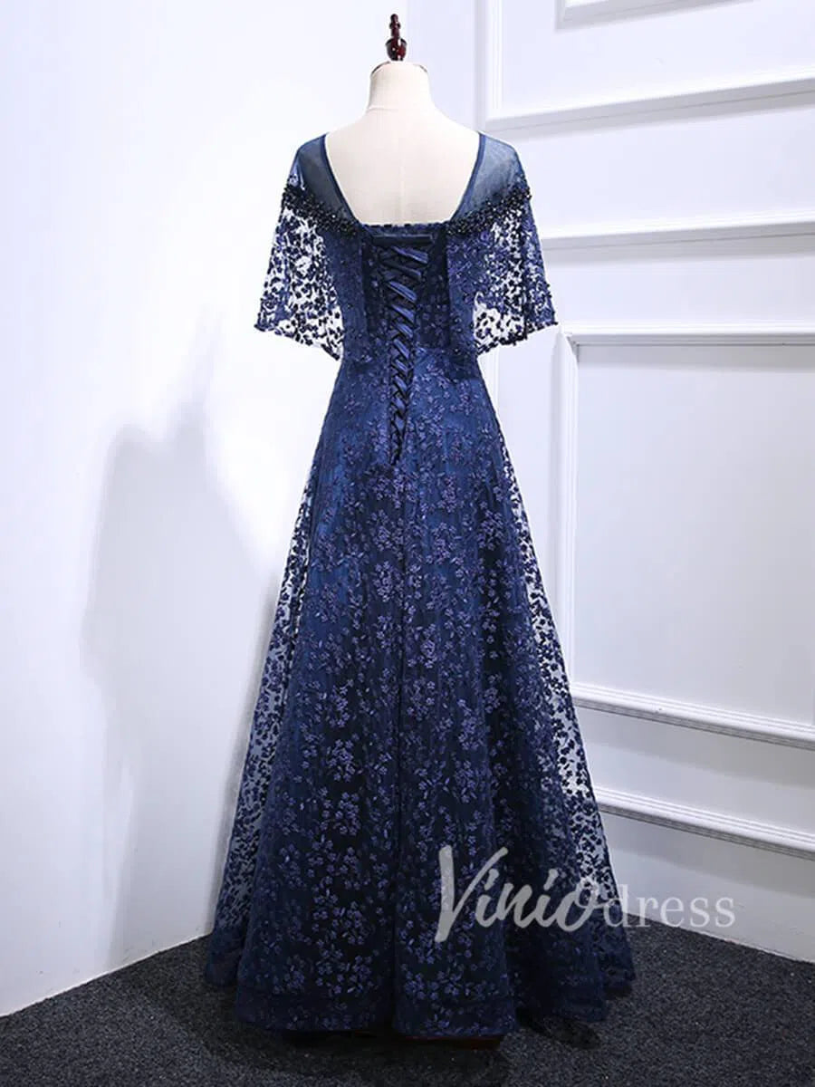 Navy Blue Lace Mother of the Bride Dresses with Sleeves FD1520 – Viniodress