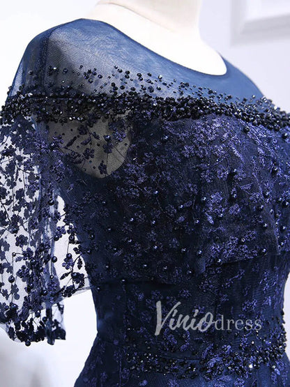 Navy Blue Lace Mother of the Bride Dresses with Sleeves FD1520-formal dresses 2025 -Viniodress-Navy Blue-Custom Size-