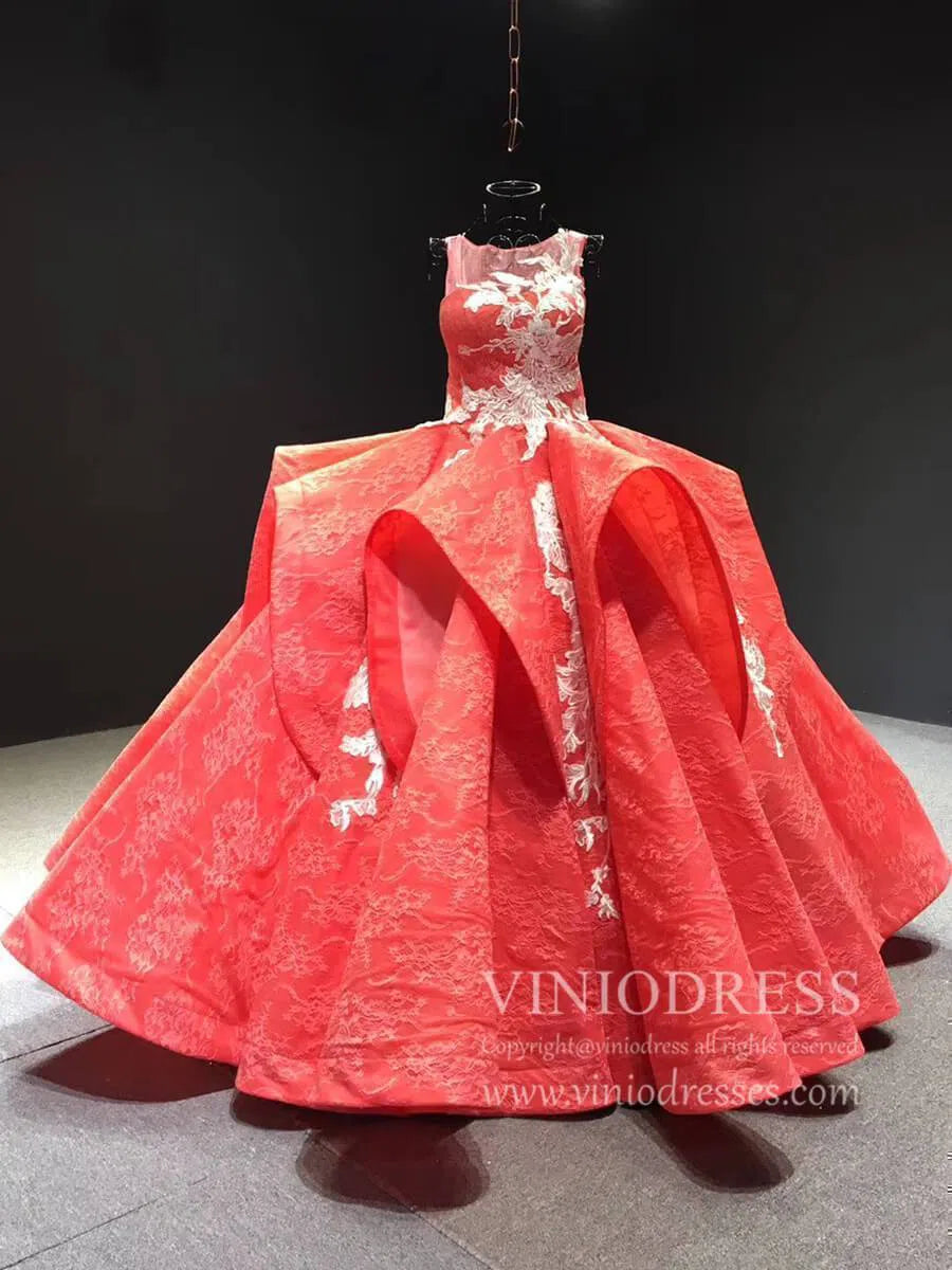 Navy Blue Lace Quinceanera Dress Ball Gown Prom Dress FD1106 viniodress-Quinceanera Dresses-Viniodress-Coral-US 2-Viniodress