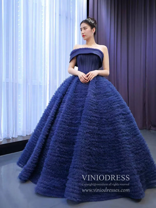 Quinceanera Dresses 2025 Navy Blue Ruffled Ball Gown Strapless Quinceanera Dresses 67289 viniodress-plus size wedding dresses Viniodress-Navy Blue-Custom Size-