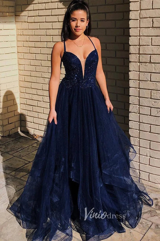 Navy Blue Ruffled Sequin Prom Dress with Spaghetti Strap and Plunging V - Neck FD3502 - Viniodressprom dressesNavy BlueCustom Size - Formal Dresses - Ball Gowns