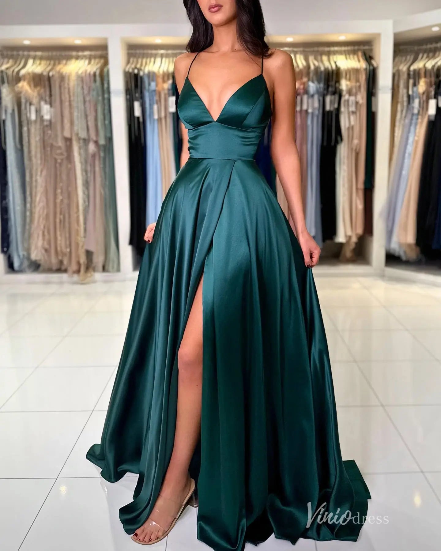 Navy Blue Satin Prom Dress with Spaghetti Straps and High Slit FD5196 Viniodress Navy Blue Satin Prom Dress with Spaghetti Straps and High Slit FD5196 Viniodress