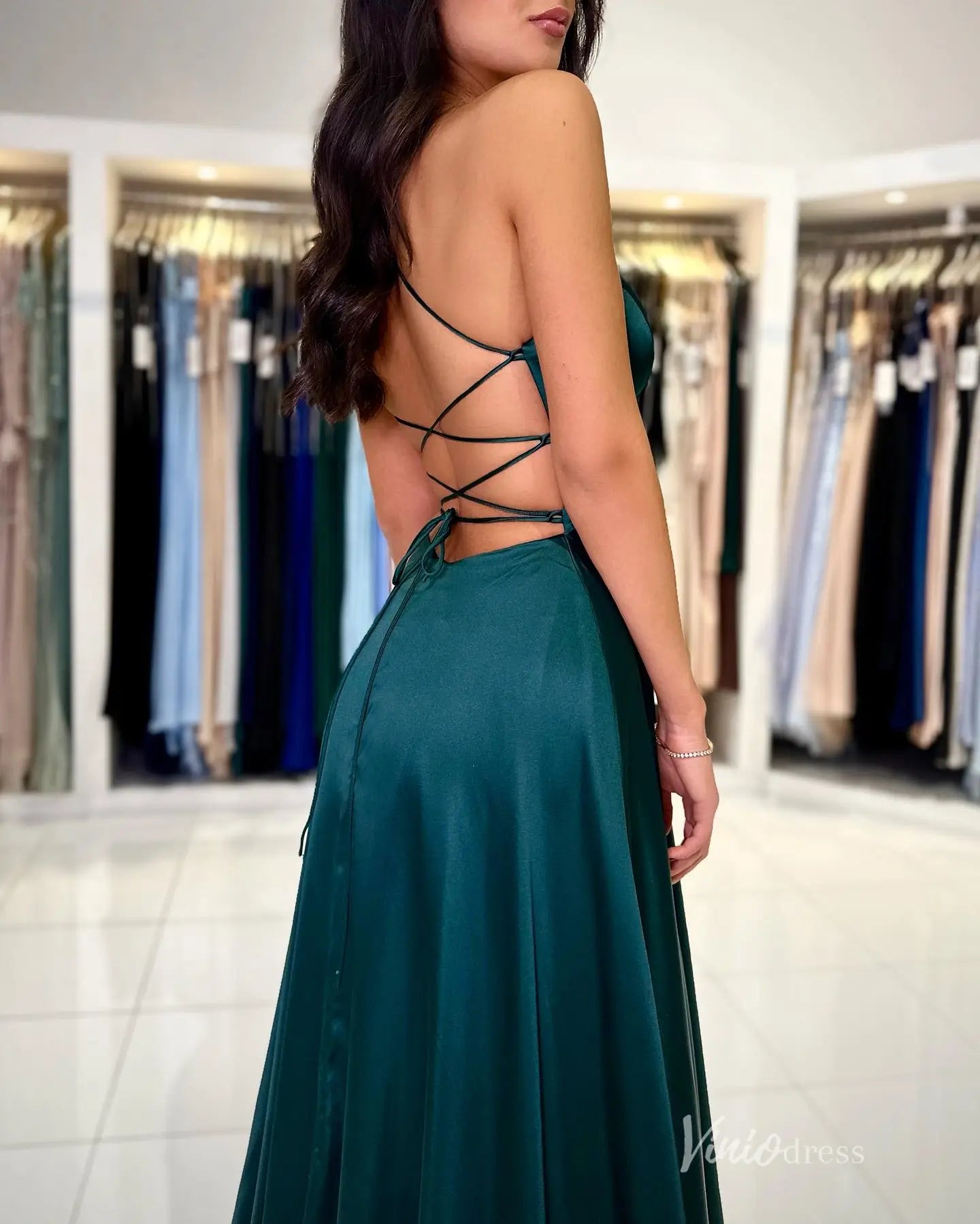 Navy Blue Satin Prom Dress with Spaghetti Straps, Plunging Neckline, High Slit, Lace-Up Back – FD5196-prom dresses 2025 -Viniodress-Navy-Custom Size-