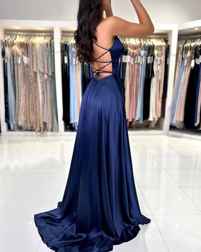 Navy Blue Satin Prom Dress with Spaghetti Straps, Plunging Neckline, High Slit, Lace-Up Back – FD5196-prom dresses 2025 -Viniodress-Navy-Custom Size-