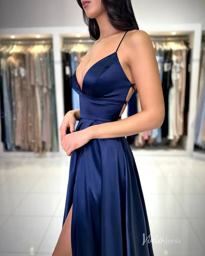 Navy Blue Satin Prom Dress with Spaghetti Straps, Plunging Neckline, High Slit, Lace-Up Back – FD5196-prom dresses 2025 -Viniodress-Navy-Custom Size-