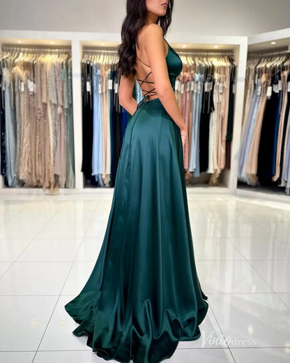 Navy Blue Satin Prom Dress with Spaghetti Straps, Plunging Neckline, High Slit, Lace-Up Back – FD5196-prom dresses 2025 -Viniodress-Navy-Custom Size-