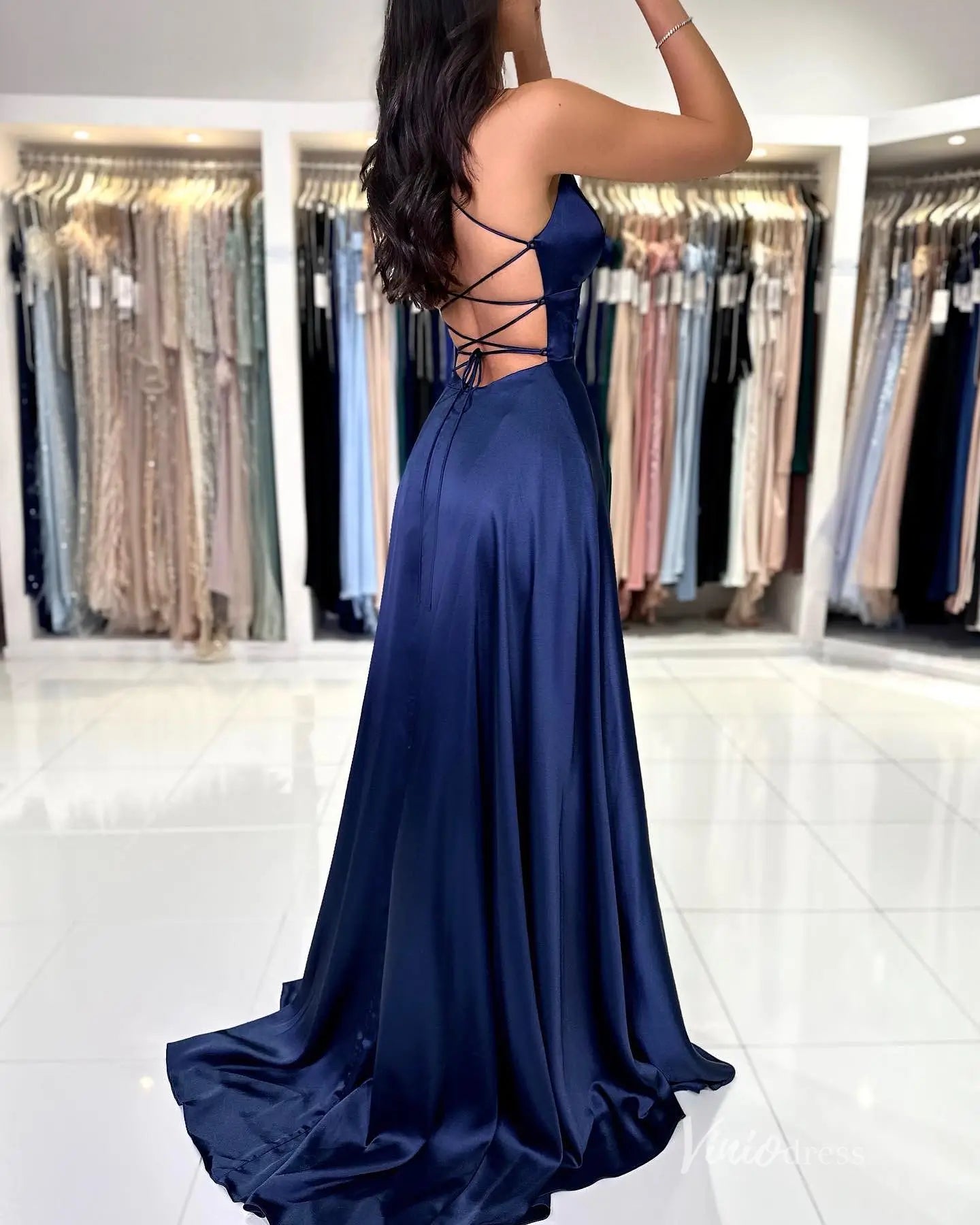 Navy Blue Satin Prom Dress with Spaghetti Straps, Plunging Neckline, High Slit, Lace-Up Back – FD5196-prom dresses 2025 -Viniodress-Navy-Custom Size-
