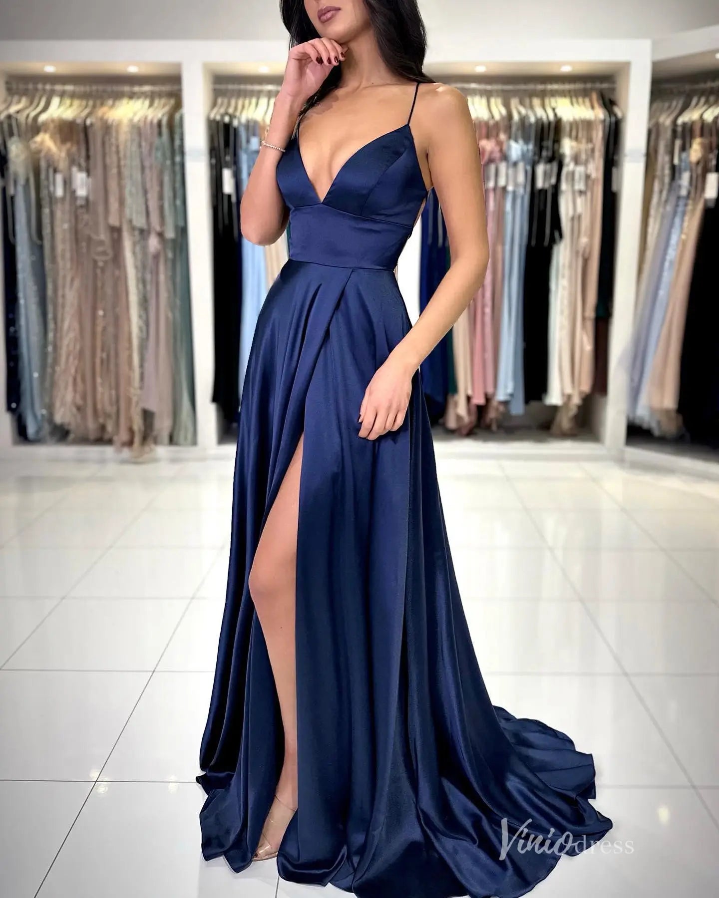 Navy Blue Satin Prom Dress with Spaghetti Straps, Plunging Neckline, High Slit, Lace-Up Back – FD5196-prom dresses 2025 -Viniodress-Navy-Custom Size-