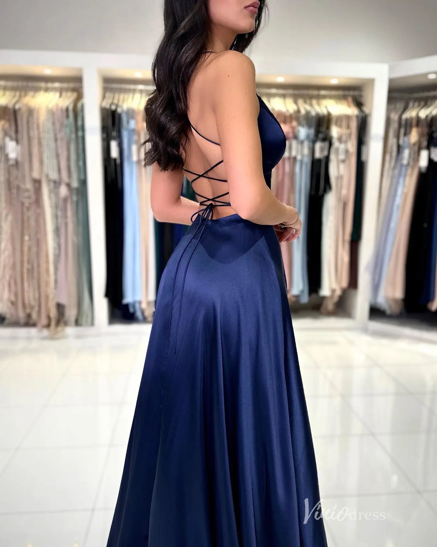 Navy Blue Satin Prom Dress with Spaghetti Straps and High Slit – FD5196 – Viniodress Navy Blue Satin Prom Dress with Spaghetti Straps and High Slit – FD5196 – Viniodress