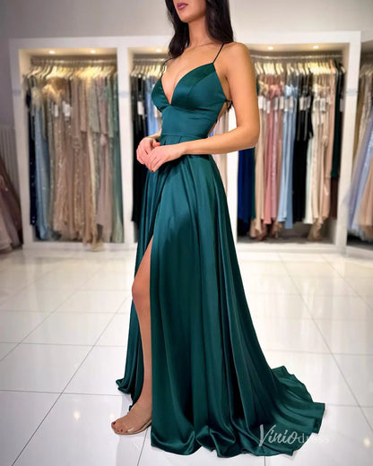 Navy Blue Satin Prom Dress with Spaghetti Straps, Plunging Neckline, High Slit, Lace-Up Back – FD5196-prom dresses 2025 -Viniodress-Navy-Custom Size-