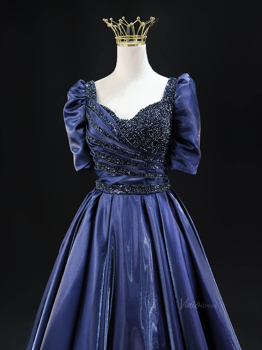 Navy Blue Satin Prom Dresses with Puffed Sleeve, Beaded Bodice, Formal Dresses SU018-prom dresses 2025 -Viniodress-Navy Blue-Custom Size-
