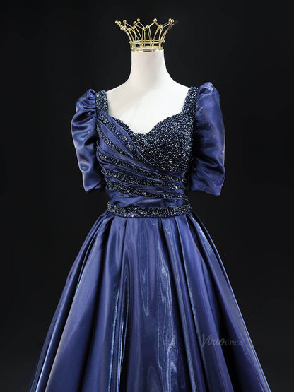Navy Blue Satin Prom Dresses with Puffed Sleeve, Beaded Bodice, Formal Dresses SU018-prom dresses 2025 -Viniodress-Navy Blue-Custom Size-