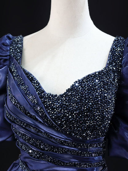 Navy Blue Satin Prom Dresses with Puffed Sleeve, Beaded Bodice, Formal Dresses SU018-prom dresses 2025 -Viniodress-Navy Blue-Custom Size-