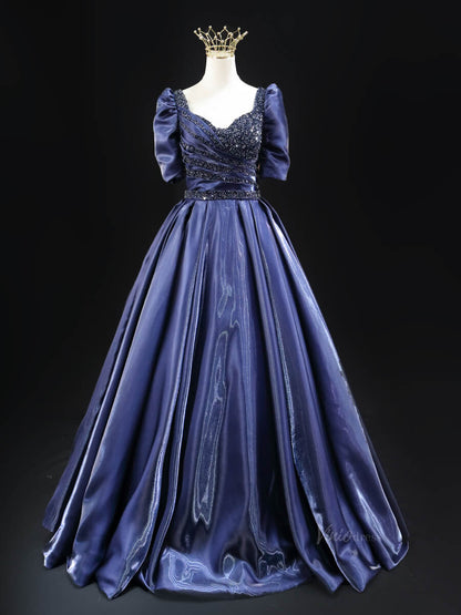 Navy Blue Satin Prom Dresses with Puffed Sleeve, Beaded Bodice, Formal Dresses SU018-prom dresses 2025 -Viniodress-Navy Blue-Custom Size-
