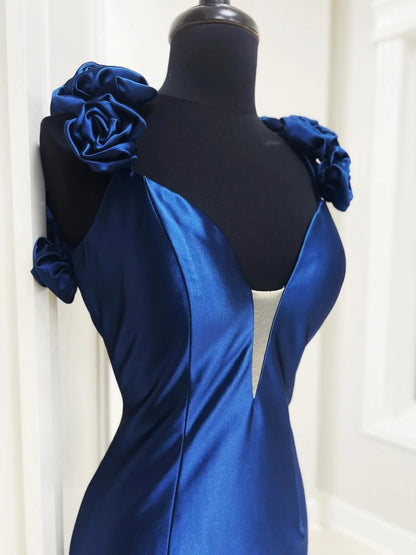 Navy Blue Satin Sheath Prom Dress with 3D Flower, Sweetheart Neckline & Open Back – Style FD6056-prom dresses 2025 -Viniodress-Navy Blue-Custom Size-
