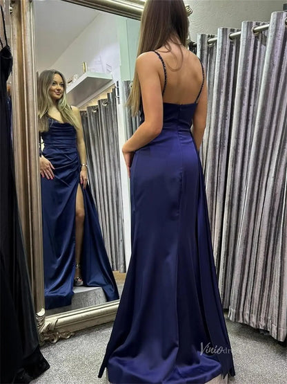 Navy Blue Satin Sheath Prom Dresses with Slit, Spaghetti Straps & Swee Viniodress Navy Blue Satin Sheath Prom Dresses with Slit, Spaghetti Straps & Swee Viniodress
