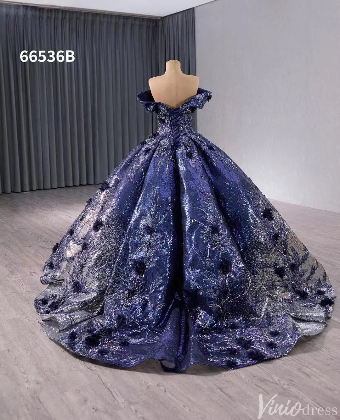 Navy Blue Sequin Ball Gown Wedding Dresses 3D Floral Quinceanera Dress 66536B-Quinceanera Dresses-Viniodress-Viniodress