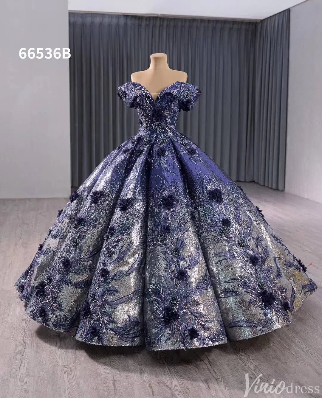 Navy Blue Sequin Ball Gown Wedding Dresses 3D Floral Quinceanera Dress 66536B-Quinceanera Dresses-Viniodress-Viniodress