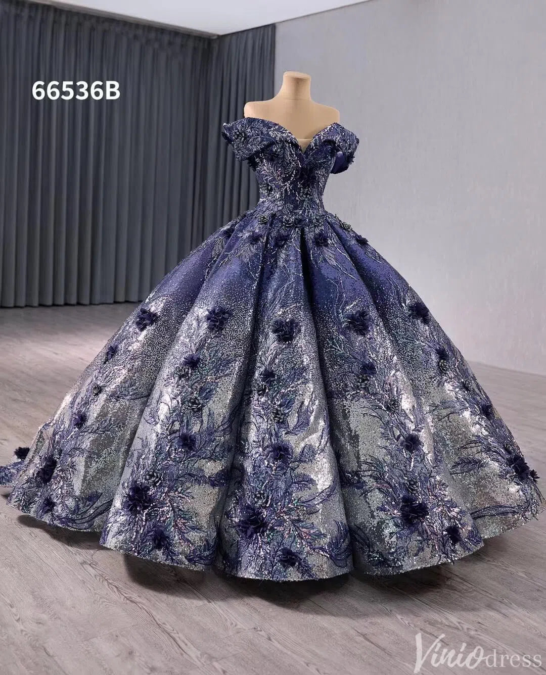 Navy Blue Sequin Ball Gown Wedding Dresses 3D Floral Quinceanera Dress 66536B-Quinceanera Dresses-Viniodress-Viniodress