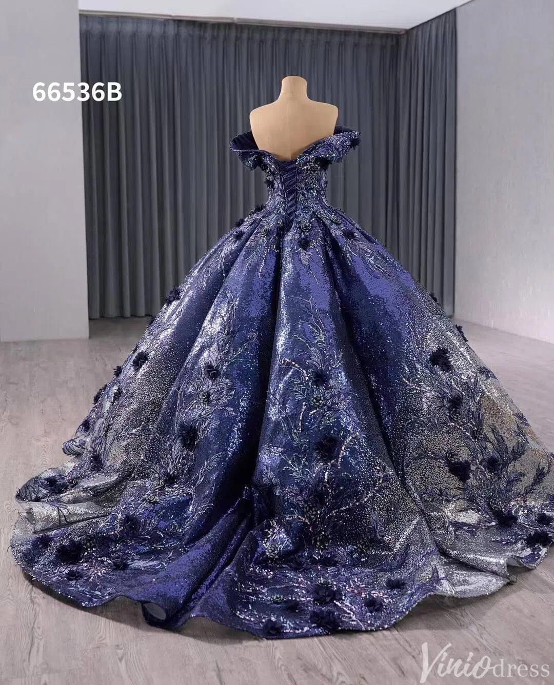 Navy Blue Sequin Ball Gown Wedding Dresses 3D Floral Quinceanera Dress 66536B-Quinceanera Dresses-Viniodress-Viniodress