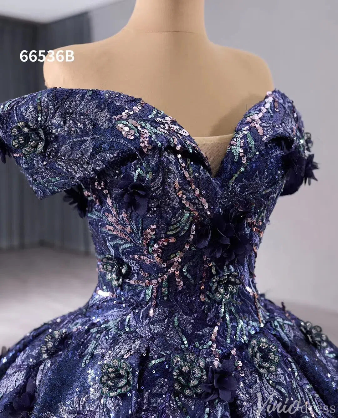 Navy Blue Sequin Ball Gown Wedding Dresses 3D Floral Quinceanera Dress 66536B-Quinceanera Dresses-Viniodress-Viniodress