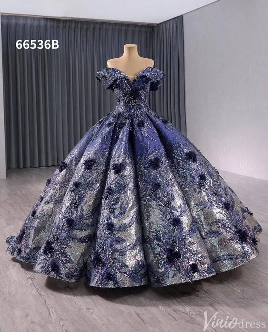 Navy Blue Sequin Ball Gown Wedding Dresses 3D Floral Quinceanera Dress 66536B-Quinceanera Dresses-Viniodress-Viniodress