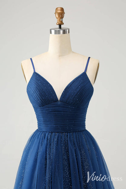 Navy Blue Spaghetti Strap Homecoming Dresses A Line V-Neck Back to School Dress S24024-prom dresses 2025 -Viniodress-Navy Blue-Custom Size-