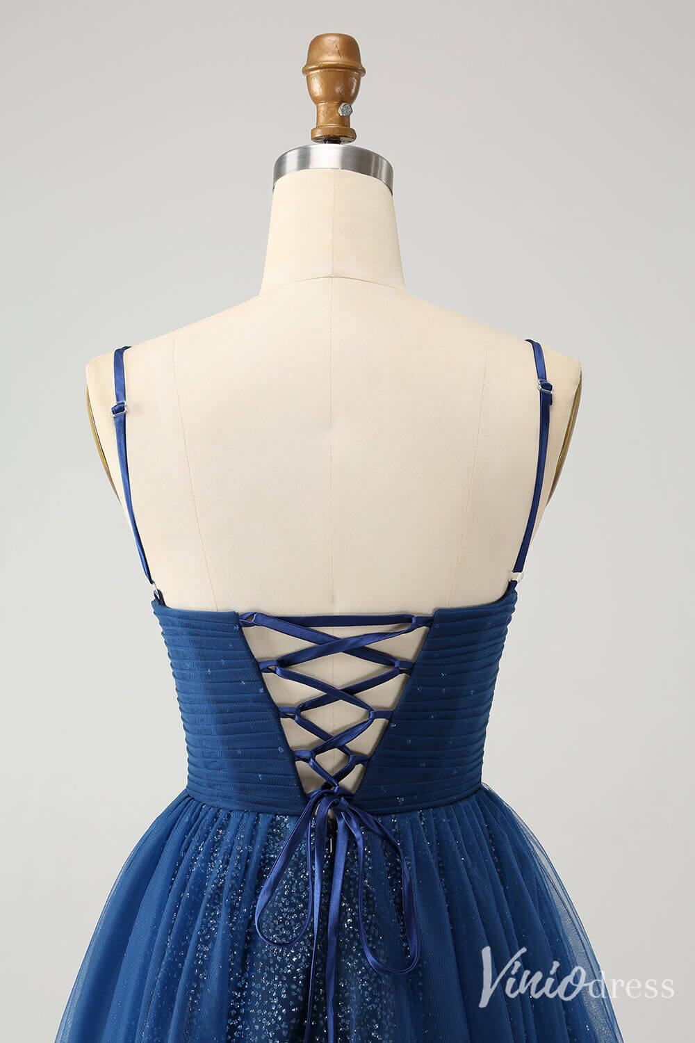 Navy Blue Spaghetti Strap Homecoming Dresses A Line V-Neck Back to School Dress S24024-prom dresses 2025 -Viniodress-Navy Blue-Custom Size-