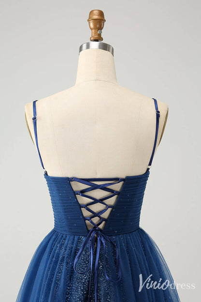 Navy Blue Spaghetti Strap Homecoming Dresses A Line V-Neck Back to School Dress S24024-prom dresses 2025 -Viniodress-Navy Blue-Custom Size-