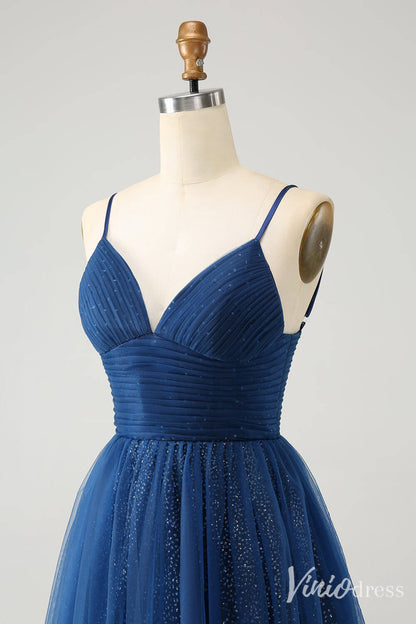 Navy Blue Spaghetti Strap Homecoming Dresses A Line V-Neck Back to School Dress S24024-prom dresses 2025 -Viniodress-Navy Blue-Custom Size-