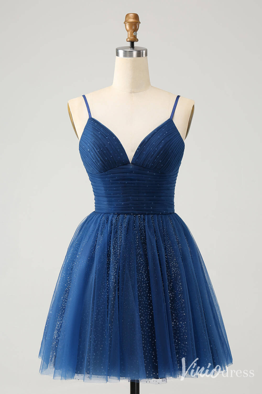 Navy Blue Spaghetti Strap Homecoming Dresses A Line V-Neck Back to School Dress S24024-prom dresses 2025 -Viniodress-Navy Blue-Custom Size-