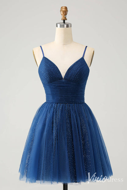 Navy Blue Spaghetti Strap Homecoming Dresses A Line V-Neck Back to School Dress S24024-prom dresses 2025 -Viniodress-Navy Blue-Custom Size-