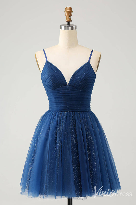 Navy Blue Spaghetti Strap Homecoming Dresses A Line V-Neck Back to School Dress S24024-prom dresses 2025 -Viniodress-Navy Blue-Custom Size-