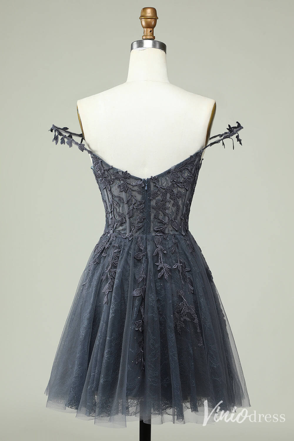 Navy Blue Spaghetti Strap Homecoming Dresses Lace Applique Back to School Dress S24025-prom dresses 2025 -Viniodress-Navy Blue-Custom Size-