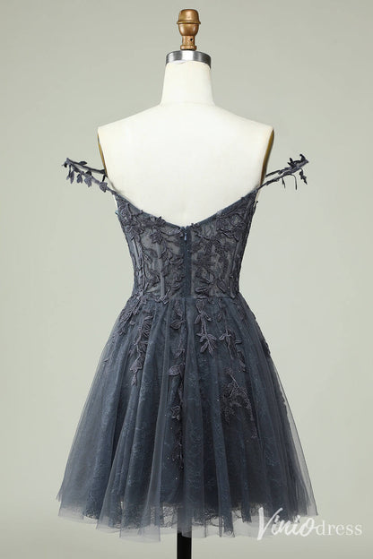 Navy Blue Spaghetti Strap Homecoming Dresses Lace Applique Back to School Dress S24025-prom dresses 2025 -Viniodress-Navy Blue-Custom Size-