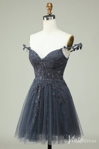 Navy Blue Spaghetti Strap Homecoming Dresses Lace Applique Back to School Dress S24025-prom dresses 2025 -Viniodress-Navy Blue-Custom Size-