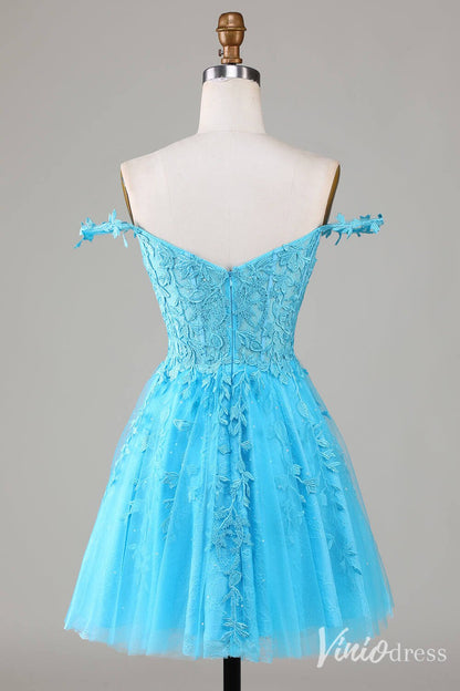 Navy Blue Spaghetti Strap Homecoming Dresses Lace Applique Back to School Dress S24025-prom dresses 2025 -Viniodress-Navy Blue-Custom Size-