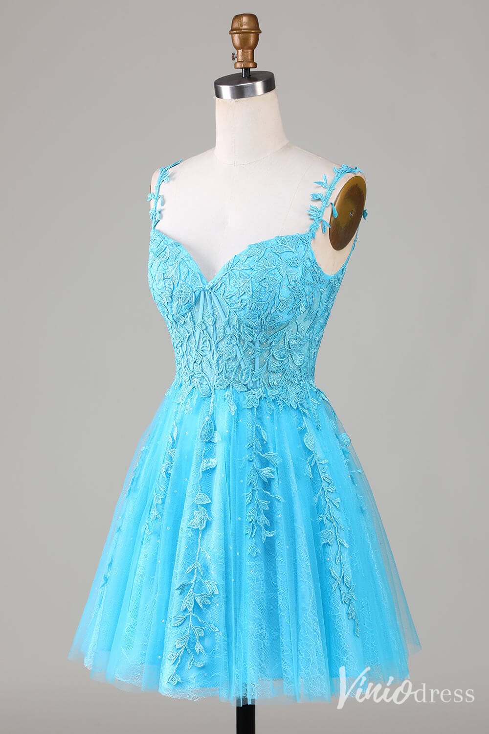 Navy Blue Spaghetti Strap Homecoming Dresses Lace Applique Back to School Dress S24025-prom dresses 2025 -Viniodress-Navy Blue-Custom Size-